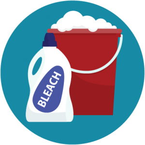 graphic icon of a cleaning bucket with a bottle of bleach