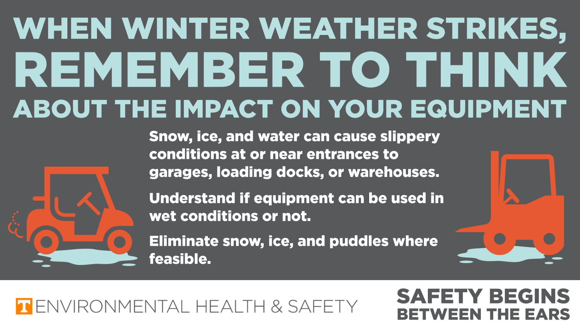 A graphic with equipment golf car and forklift detailing precautions with winter weather and slippery conditions