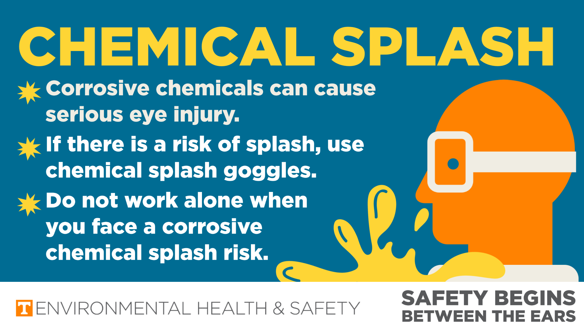 Infographic of a head with goggles and splash of chemicals. 