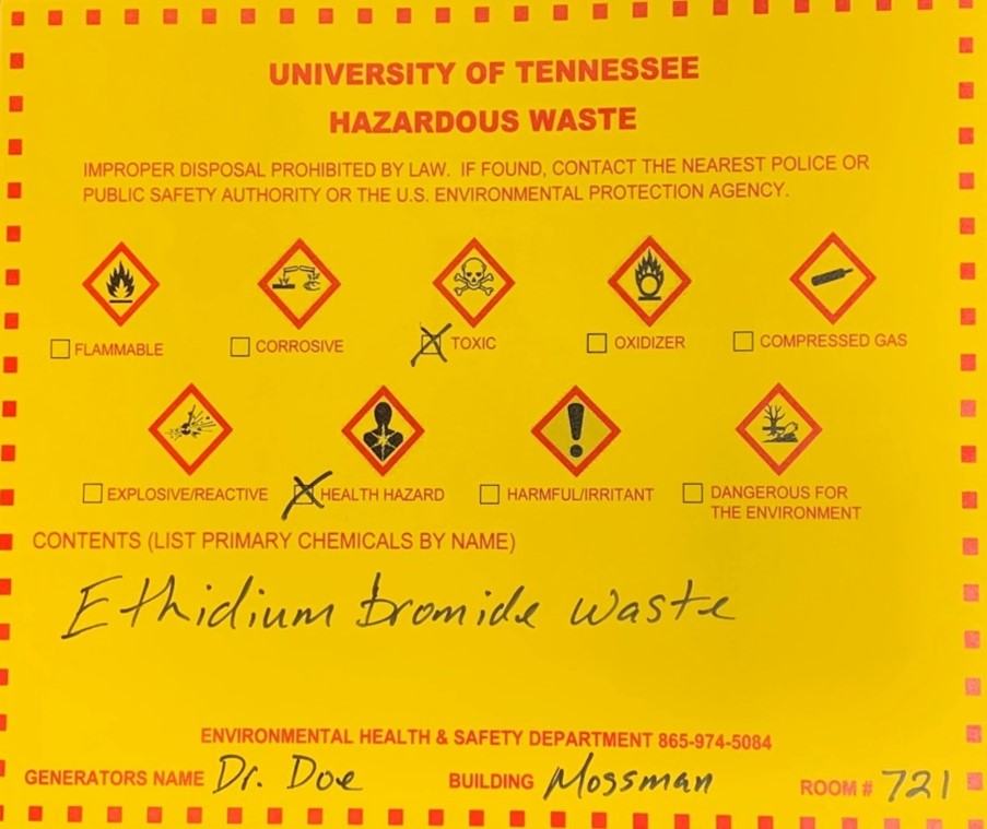 Hazardous Waste Label with the words "Ethidium Bromide Waste" spelled out. Toxic and Health Hazard are indicated with check marks.