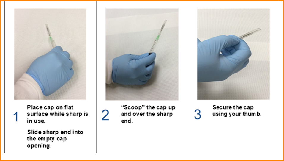 Three steps are illustrated illustrated. Step 1: Place cap on flat surface while sharp is in use. Slide sharp end into the empty cap opening. Step 2: "Scoop" the cap up and over the sharp end. Step 3: Secure the cap using the thumb of the same hand holding the item.