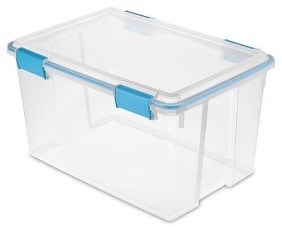 A photo of a plastic tote with securable lid. 