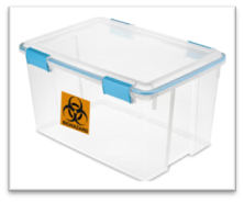 A photo of a plastic tote with a biohazard logo affixed