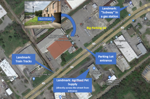 Map showing building location with landmarks. Train tracks are just west of the entrance to Middlebrook Building parking lot. Agrifeed Pet Supplies is across the street from the main entrance. The main entrance is on the northeast face of the building. A gas station with a Subway is located one block east of the main entrance on Middlebrook Pike. 