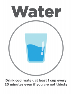 Drink cool water, at least 1 cup every 20 minutes even if you are not thirsty.